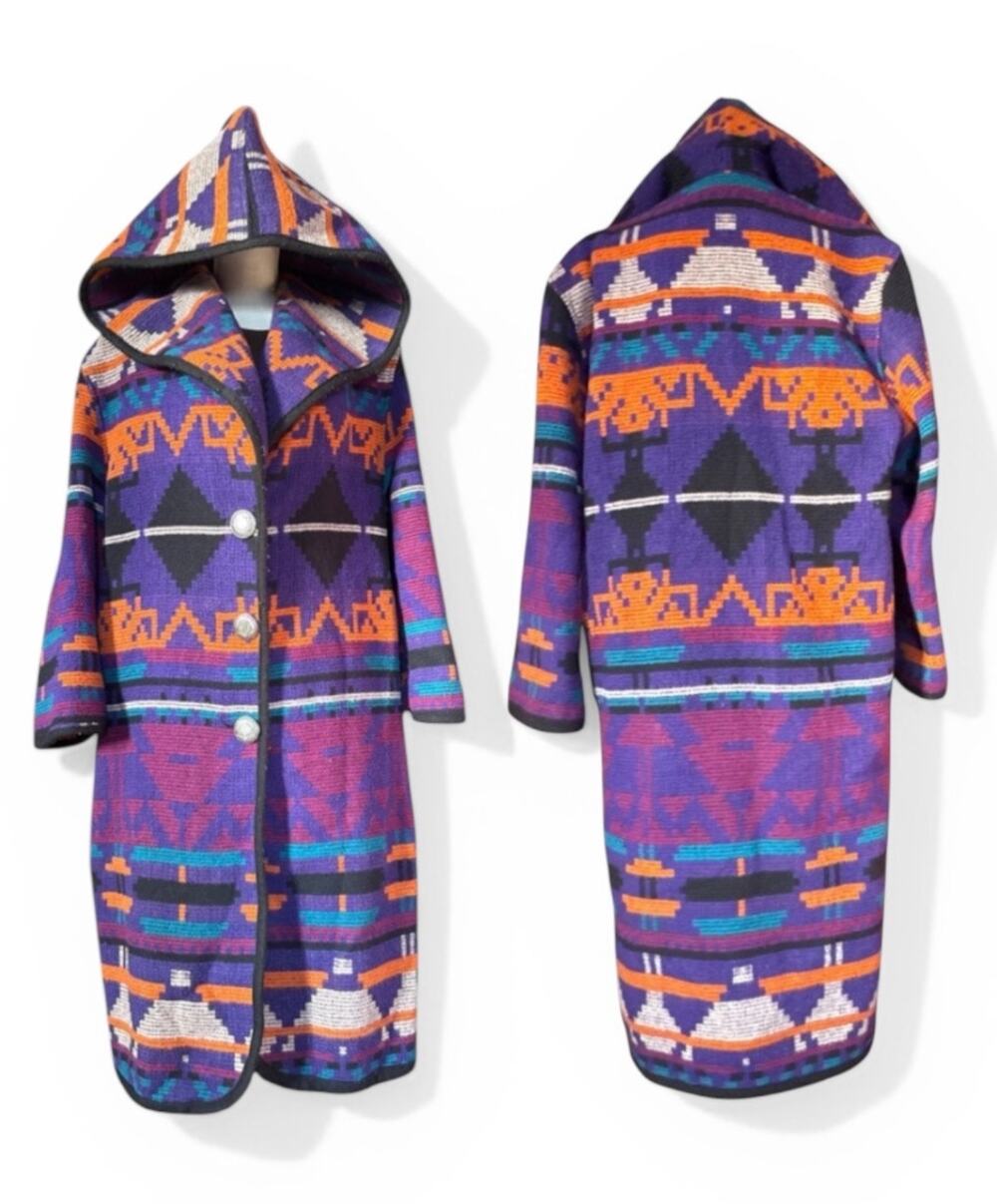 Vintage Jofeld Wool Aztec Long Full Length Hooded Coat Conch Buttons Medium
